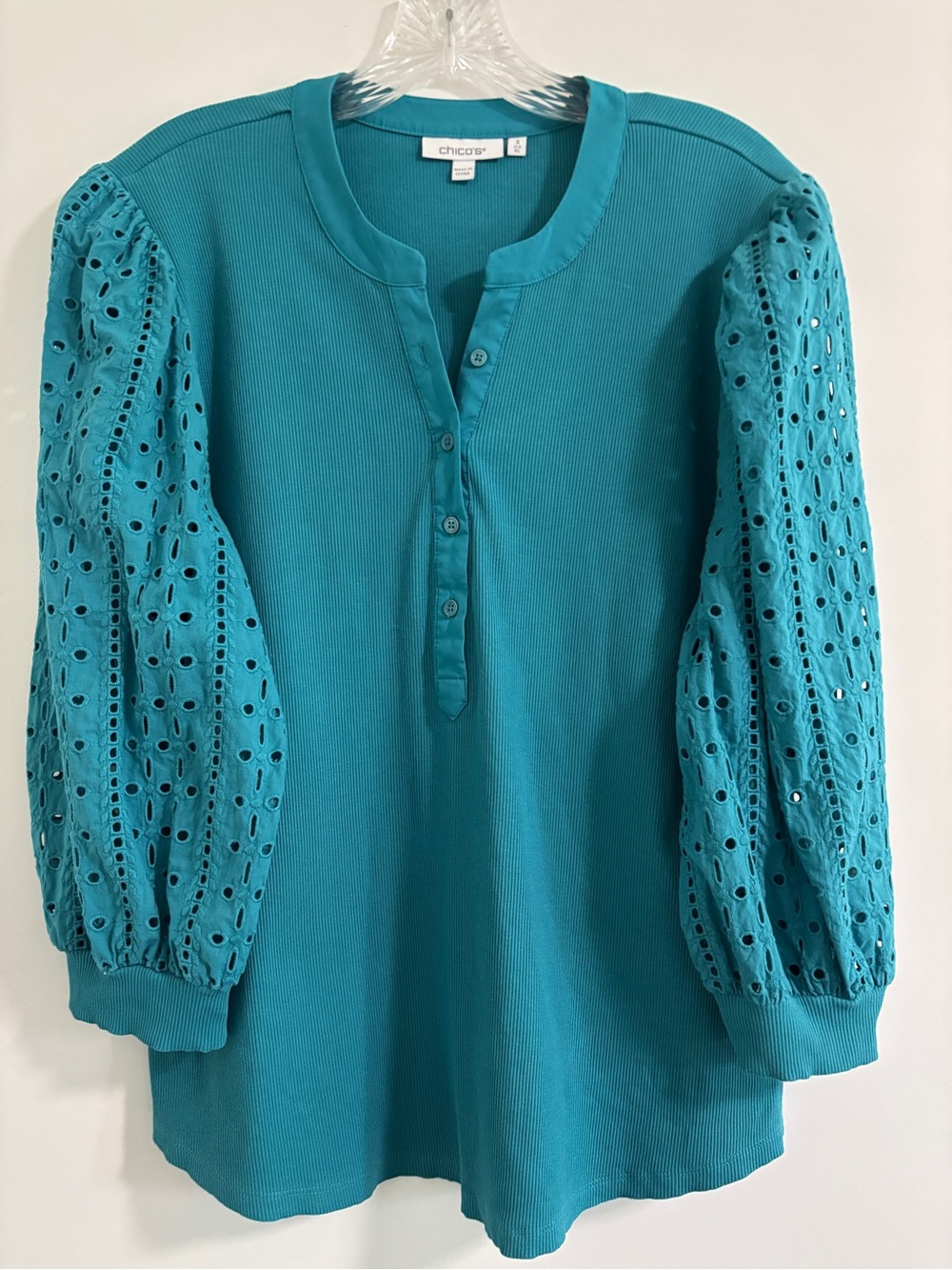 Chico's Teal Ribbed Henley Top with Contrast Yoke Size XL  SKU 25